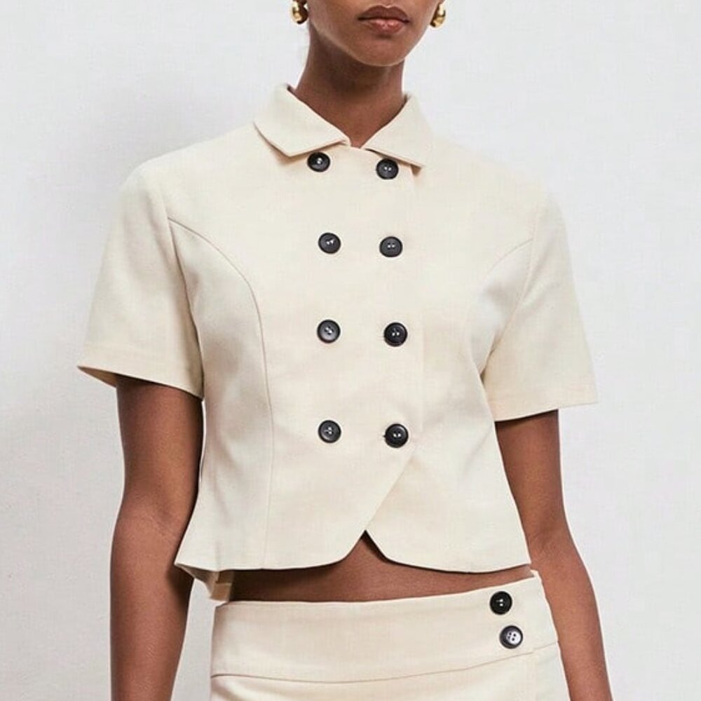 Khaki Casual Women's Short Sleeve Double-Breasted /Work Blazer - Picture 5 of 7